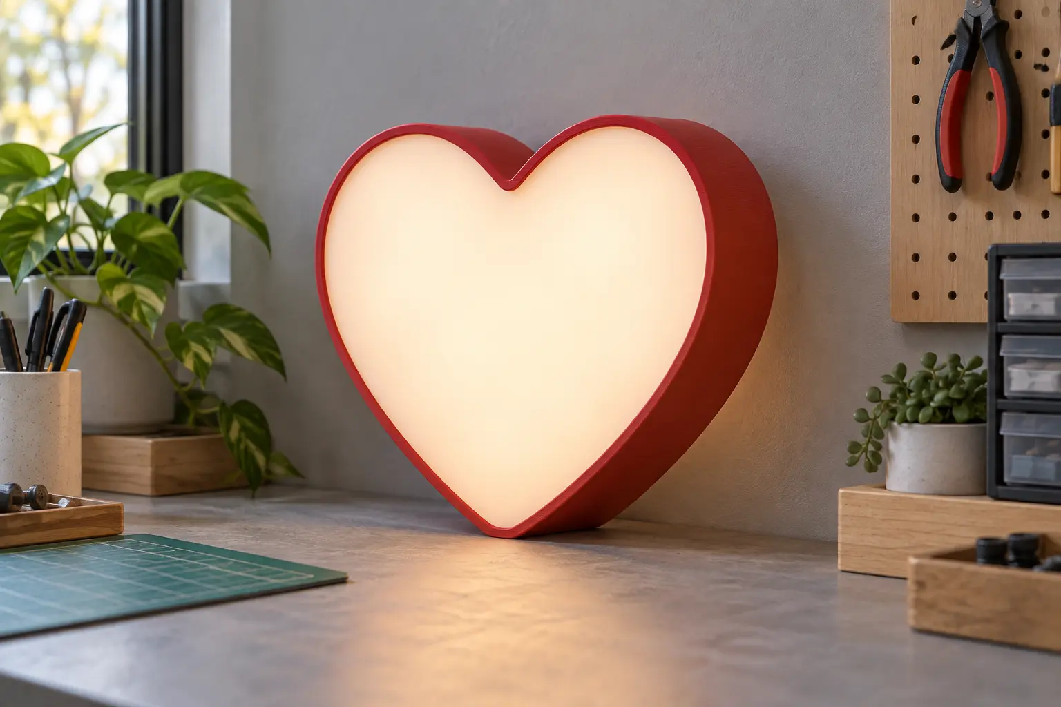 AI-generated concept of a red heart-shaped contour lightbox with a warm white diffuser